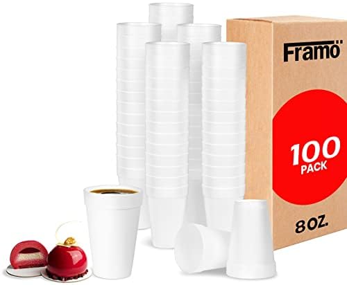 FRAMO 8 Oz Foam Cups Lightweight Insulated Foam Cups for Coffee Cold Drinks  Other Hot Beverages  Disposable Drinking Cups for Parties Picnic BBQ Travel  Events 100 Pack