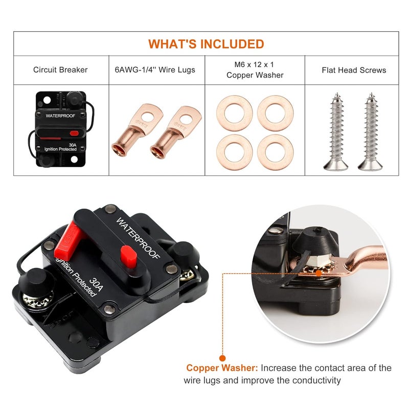 Erayco 100 Amp Circuit Breaker with Manual Reset for Car Marine Trolling Motors Boat ATV Manual Power Protect for Audio System Fuse, 12V-48VDC, Waterproof (100A) - Image 2