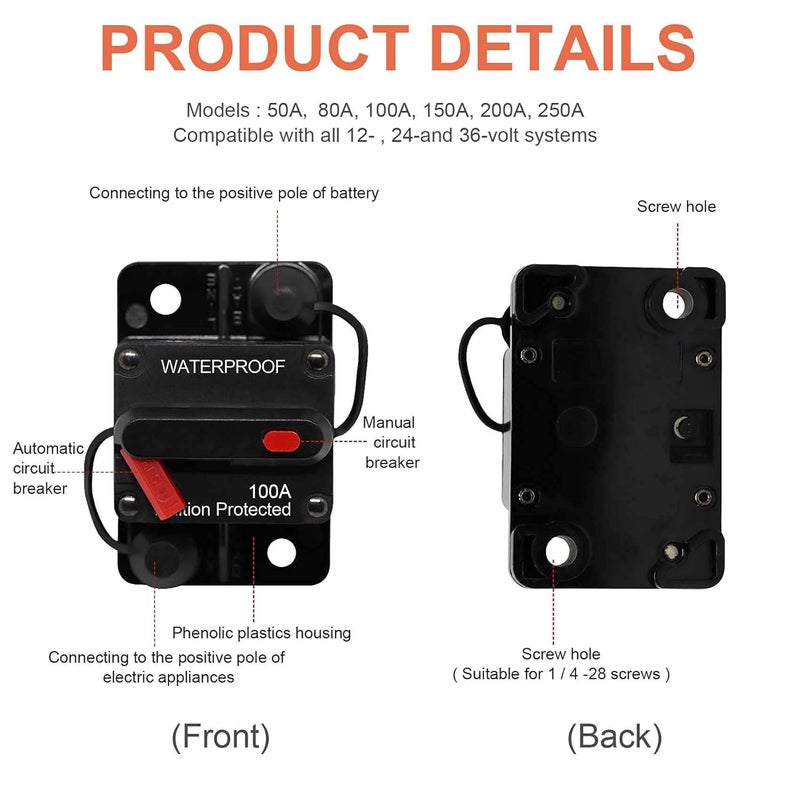 Erayco 100 Amp Circuit Breaker with Manual Reset for Car Marine Trolling Motors Boat ATV Manual Power Protect for Audio System Fuse, 12V-48VDC, Waterproof (100A) - Image 4