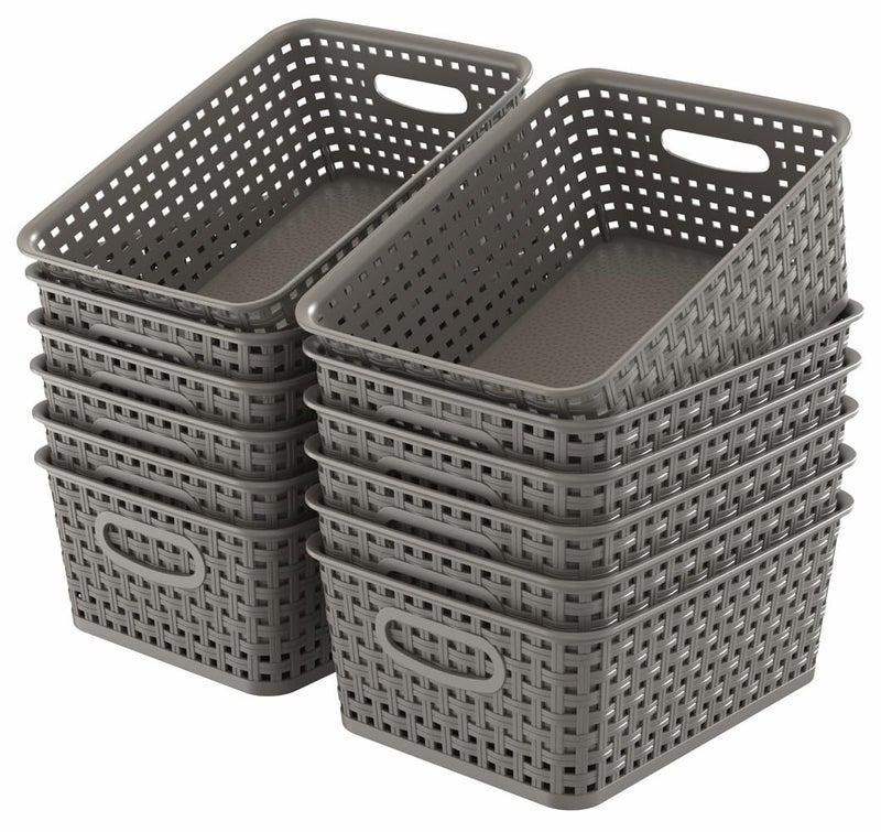 WYT 12-Pack Plastic Small Shelf Storage Weave Baskets for Organizing, Grey - Image 1
