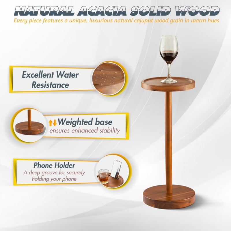 BLUEWEST Drink Table, 24.4" Tall Compact Side Table with Phone Slot and Weighted Base, Durable Pedestal Table Accent for Living Room, Bedroom, or Office, Cocktail and Martin (2, Acacia) - Image 2