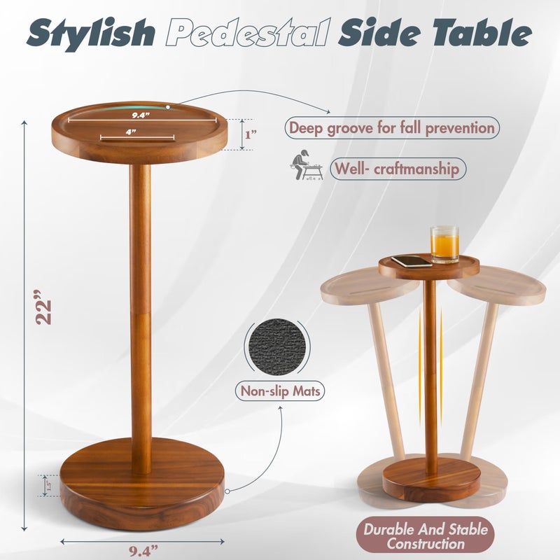BLUEWEST Drink Table, 24.4" Tall Compact Side Table with Phone Slot and Weighted Base, Durable Pedestal Table Accent for Living Room, Bedroom, or Office, Cocktail and Martin (2, Acacia) - Image 3