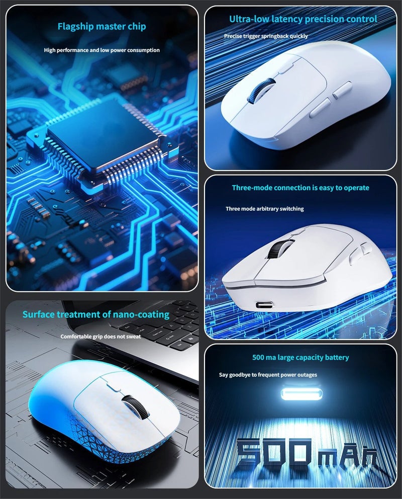 ماوس ألعاب فائق الخفة 65 جرام، ثلاث أوضاع لاسلكي 2.4G وبلوتوث وسلكي، قابل لضبط دقة حتى 6400، بطارية 500 مللي أمبير قابلة للشحن، ماوس لاسلكي مريح للألعاب والمكتب（أبيض） - Image 2