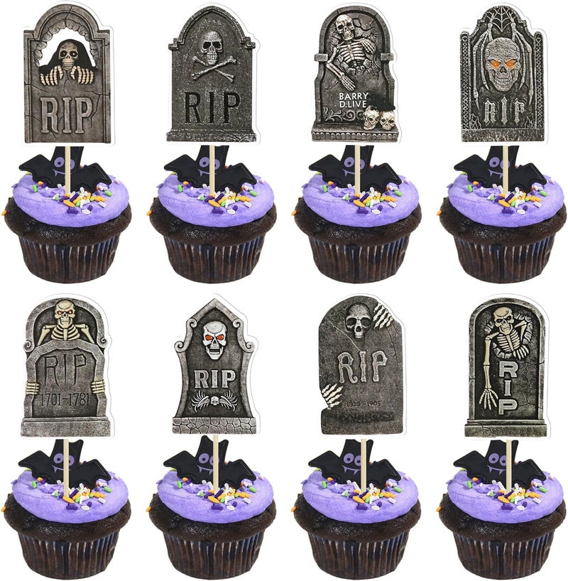 Ephlyn 32Pcs DIY Halloween Tombstone Cupcake Toppers Horrible Gravestone Skeleton Cupcake Picks for Happy Halloween Theme Birthday Party Cake Decorations Supplies - Image 1