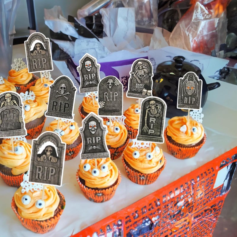 Ephlyn 32Pcs DIY Halloween Tombstone Cupcake Toppers Horrible Gravestone Skeleton Cupcake Picks for Happy Halloween Theme Birthday Party Cake Decorations Supplies - Image 4