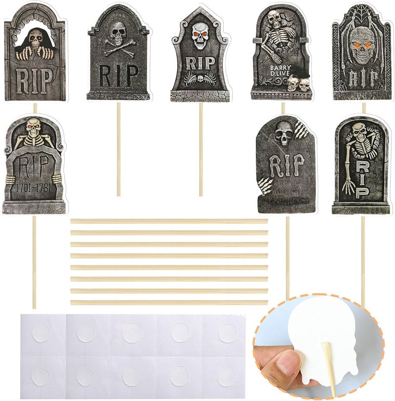 Ephlyn 32Pcs DIY Halloween Tombstone Cupcake Toppers Horrible Gravestone Skeleton Cupcake Picks for Happy Halloween Theme Birthday Party Cake Decorations Supplies - Image 3