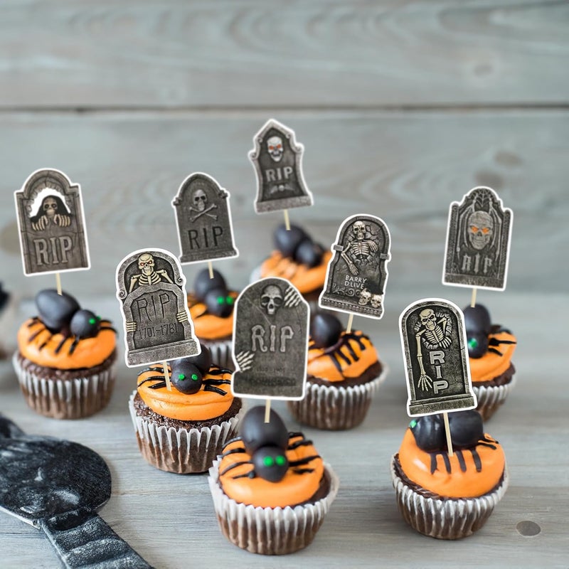 Ephlyn 32Pcs DIY Halloween Tombstone Cupcake Toppers Horrible Gravestone Skeleton Cupcake Picks for Happy Halloween Theme Birthday Party Cake Decorations Supplies - Image 5