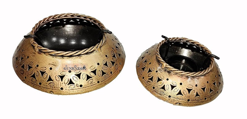 Gunendra Crafts Home Decor Tealight HolderPerforated Degchi Style Candle StandAntique Finished Dhoop IncenseTealight Holder Degchi Pot Black Golden Chrome Polished - Image 1