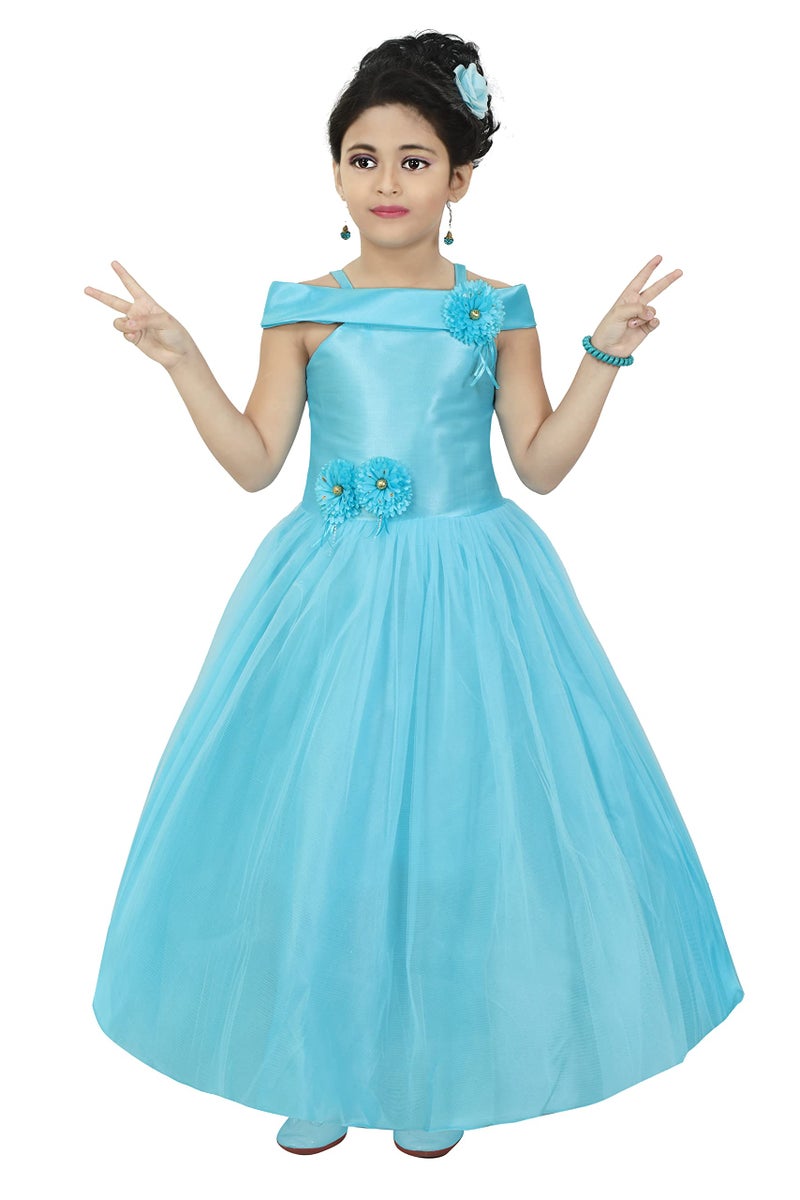 Chandrika Kids Floral Appliqué Festive Gown Dress for Girls(Blue 7-8 Years) - Image 4