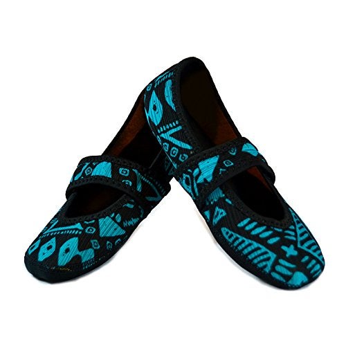 Nufoot Betsy Lou Fuzzies Women's Slippers, Foldable, Flexible Flats, Slipper Socks, Travel Slipper, Yoga Socks, House Shoes, Indoor Shoes, Blue Aztec, Small - Image 1
