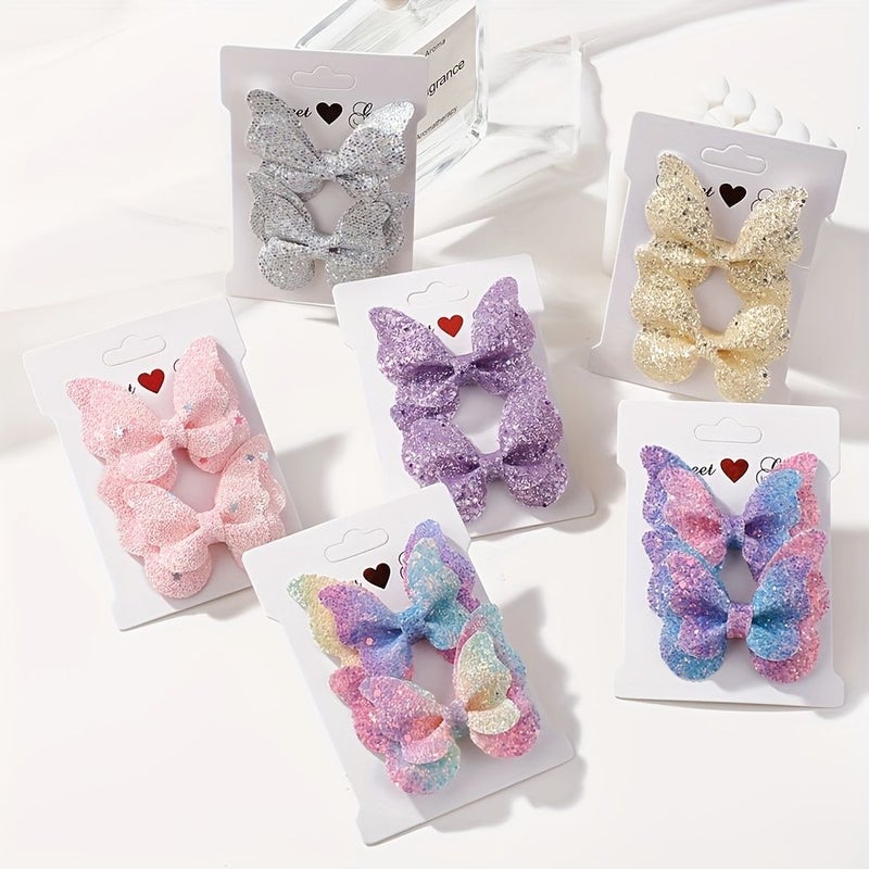 2Pcs Candy Color Style 3 Girl Sparkling Bow Hair Clip Printed Fabric Artwork Ponytail Pair Clips Holiday Dance College Hairstyle - Image 1