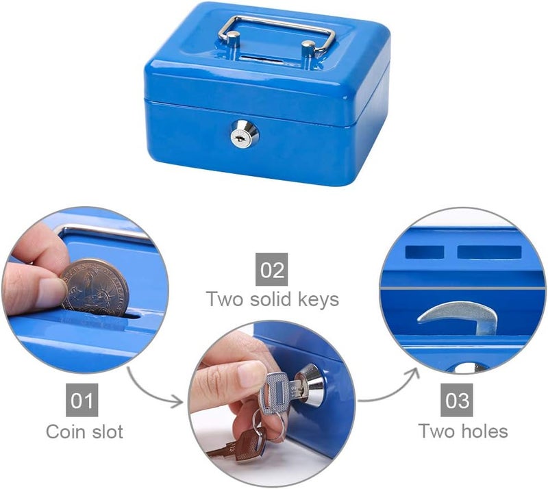 Decaller Cash Box with Slot for Kids, Small Money Box with Money Tray & Key Lock, 6" x 4 4/5" x 3 1/5", Blue, QH1507XS - Image 3