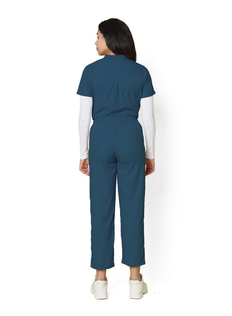 KNYA Classic Women's 5-Pocket Mandarin Collar Scrub Suit | Short Sleeves | Athletic Fit | For Doctors (Teal, 2XL) - Image 2
