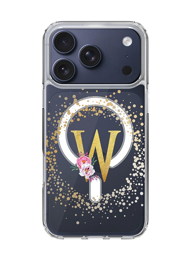 Stylizedd Classic Clear MagSafe Case for iPhone 17 Pro , Hybrid Soft Case Flexible Edges Anti Drop TPU PC Gel Thin Transparent Cover [ Designed for iPhone 17 Pro ] - Custom Monogram Initial Letter Floral Pattern Alphabet - W  (Clear )
