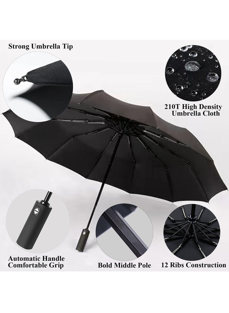 Qiccijoo Umbrella Windproof Travel Umbrella 12 Ribs Auto Open & Close Collapsible Folding Compact Umbrella for Backpack (Black) - Image 3