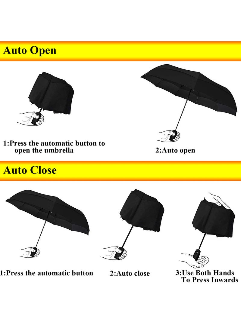 Qiccijoo Umbrella Windproof Travel Umbrella 12 Ribs Auto Open & Close Collapsible Folding Compact Umbrella for Backpack (Black) - Image 4