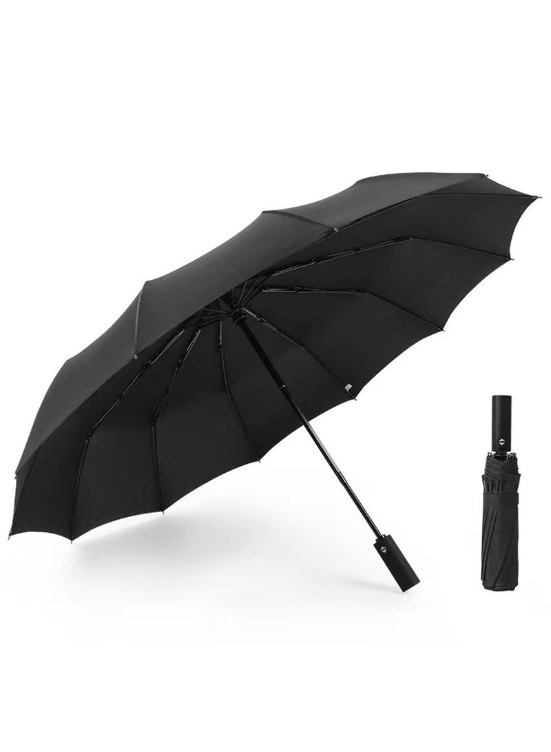 Qiccijoo Umbrella Windproof Travel Umbrella 12 Ribs Auto Open & Close Collapsible Folding Compact Umbrella for Backpack (Black) - Image 1
