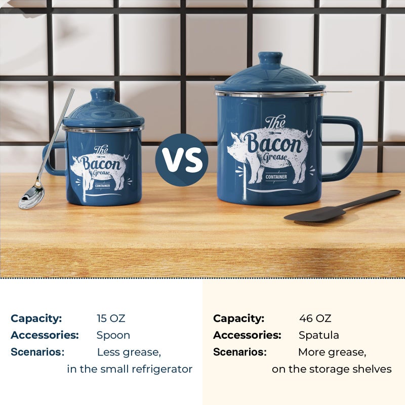 PGYARD Mini Bacon Grease Container With Strainer - 15OZ Enamel Grease Saver, Farmhouse Bacon Grease Keeper For Kitchen Fat Storage, Dishwasher Safe-Blue - Image 3