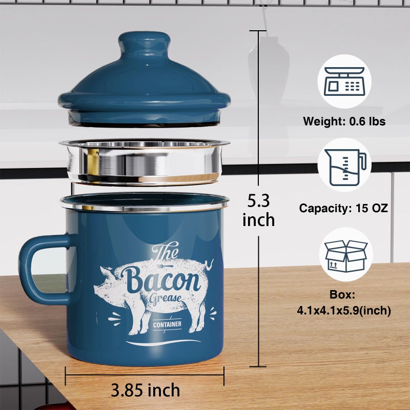 PGYARD Mini Bacon Grease Container With Strainer - 15OZ Enamel Grease Saver, Farmhouse Bacon Grease Keeper For Kitchen Fat Storage, Dishwasher Safe-Blue - Image 2