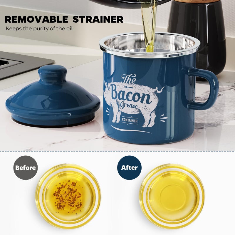 PGYARD Mini Bacon Grease Container With Strainer - 15OZ Enamel Grease Saver, Farmhouse Bacon Grease Keeper For Kitchen Fat Storage, Dishwasher Safe-Blue - Image 4