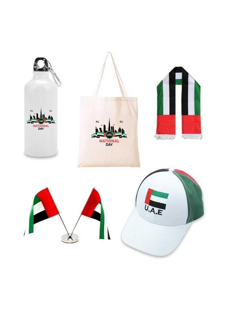UAE Celebration Day Pack Of 5 Combo Gift Set-Includes Cotton Bag,Scarf,Table Flag,Water Flask Bottle,Stylish Cap-Perfect For UAE Celebration Day - Image 1