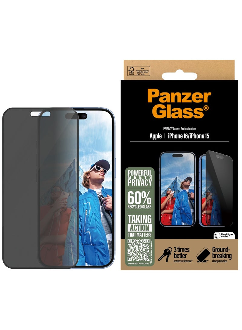 PanzerGlass حماية شاشة بانزر جلاس® للخصوصية لجهاز آبل آيفون 16 زجاج مقسى، مقاومة عالية للخدوش، مقاومة للصدمات، طلاء خالي من البقع - مع مساعدة في التركيب لتسهيل التثبيت - Image 1
