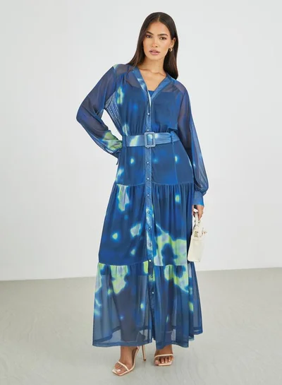 Styli Tie and Dye Print V Neck Shirt Maxi Dress with Belt