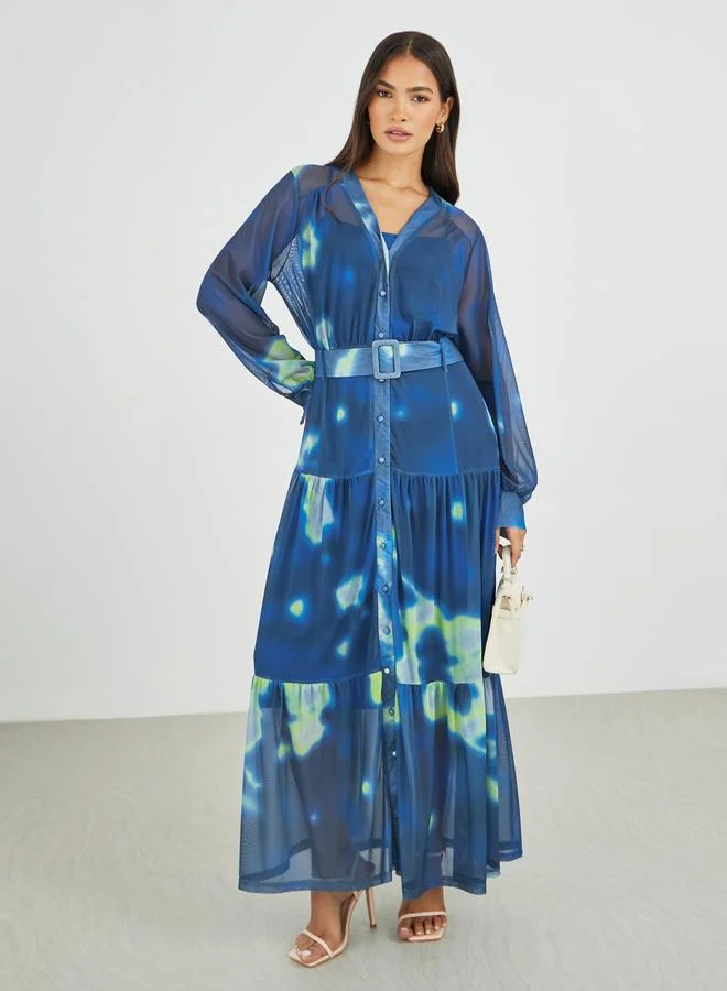 Styli Styli Tie and Dye Print V Neck Shirt Maxi Dress with Belt