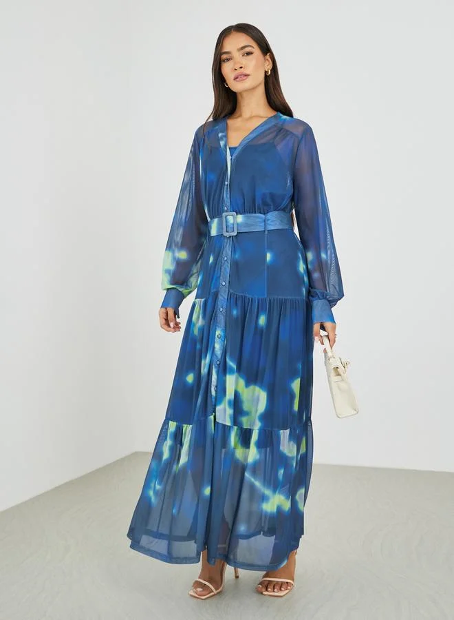 Styli Styli Tie and Dye Print V Neck Shirt Maxi Dress with Belt