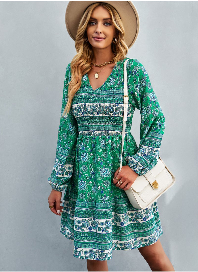 Loquat Squality Bohemian Fashion Dress Long Sleeve V-neck Skirt Green  - Image 1