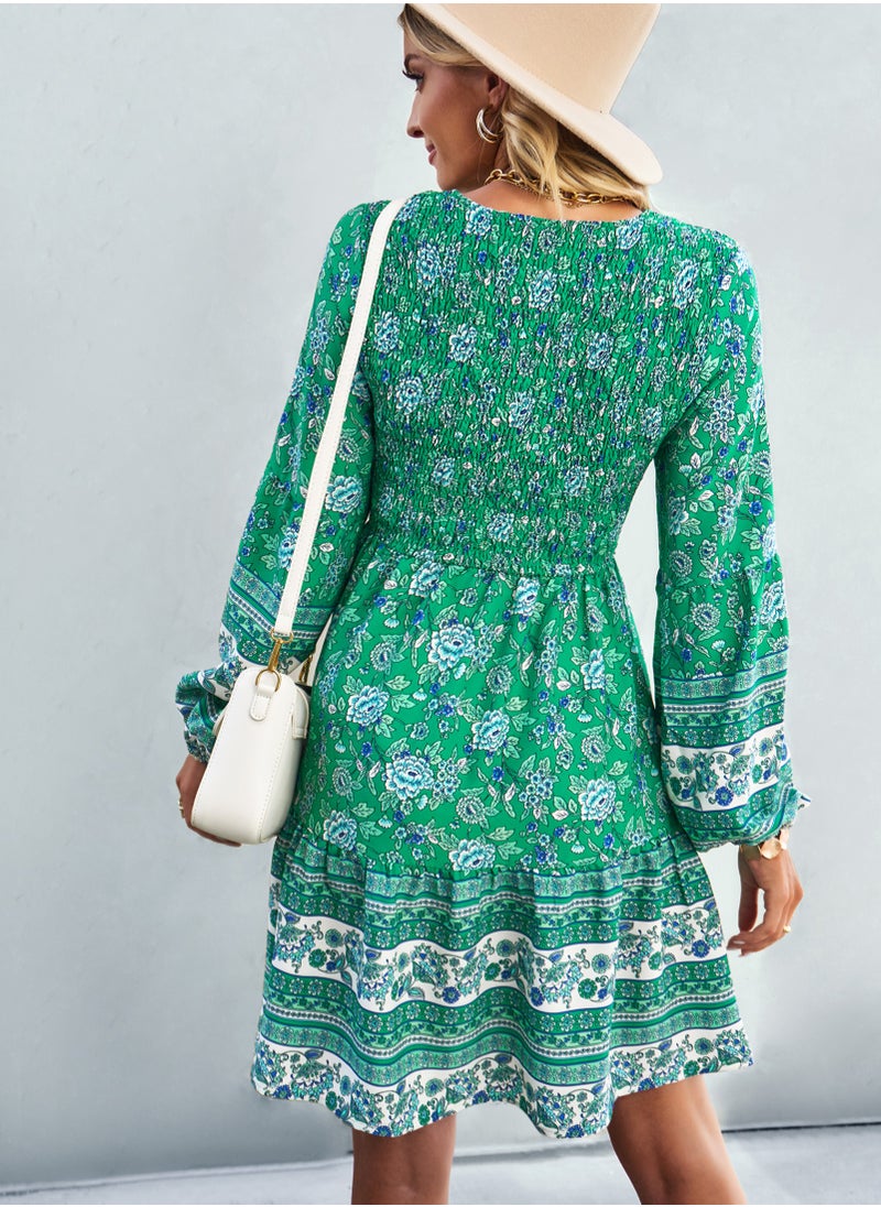 Loquat Squality Bohemian Fashion Dress Long Sleeve V-neck Skirt Green  - Image 2