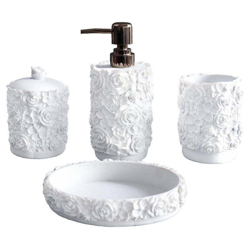 Hymmah Bathroom Accessories SetRose Design Bathroom SetFarmhouse Bathroom Decor4 Pcs Resin Gift Set Apartment Necessities Contain Cotton Swab JarSoap DispenserSoap DishTumbler White