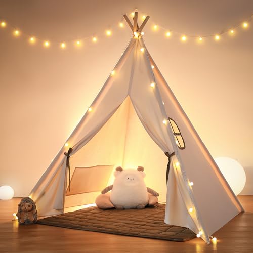 besrey Kids Tent Teepee Play Tent with Lights and Padded Mat Portable Cotton Tipi for Indoor Reading and Playtime - Image 1