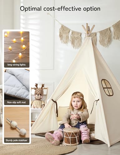 besrey Kids Tent Teepee Play Tent with Lights and Padded Mat Portable Cotton Tipi for Indoor Reading and Playtime - Image 5