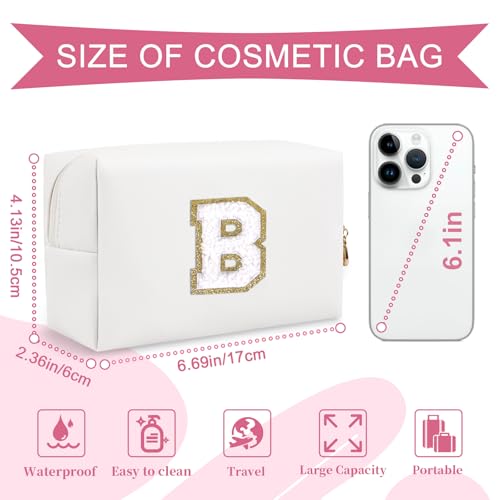 ChaoGreat Small Personalized Initial A-Z Preppy Patch Makeup Bag,White PU Chenille Letter Travel Cosmetic Pouch with Zipper,Cute Toiletry Bag,Gift Ideal for Teen Girls Women Teacher Bridesmaid,Letter B - Image 2