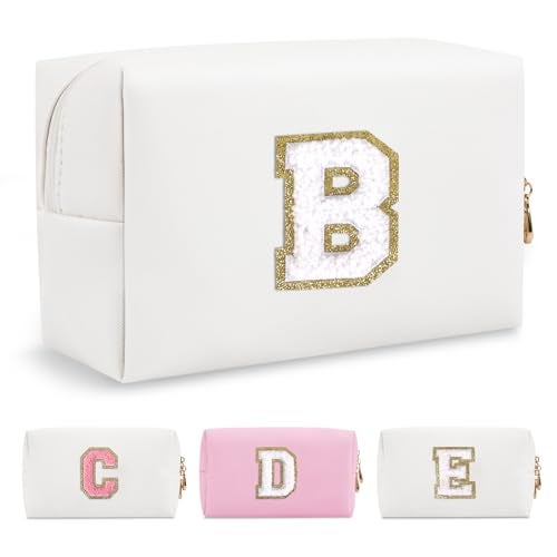 ChaoGreat Small Personalized Initial A-Z Preppy Patch Makeup Bag,White PU Chenille Letter Travel Cosmetic Pouch with Zipper,Cute Toiletry Bag,Gift Ideal for Teen Girls Women Teacher Bridesmaid,Letter B - Image 1