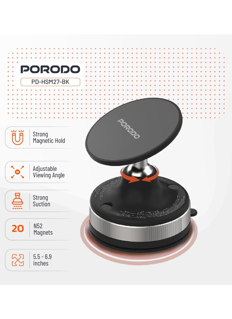 porodo Vacuseal Smart Suction Magnetic Phone Mount / Flexible and 360 Degree Viewing Angle / Phone Holder / Portable Mobile Holder / Strong Magnet and Suction - Black  - Image 2