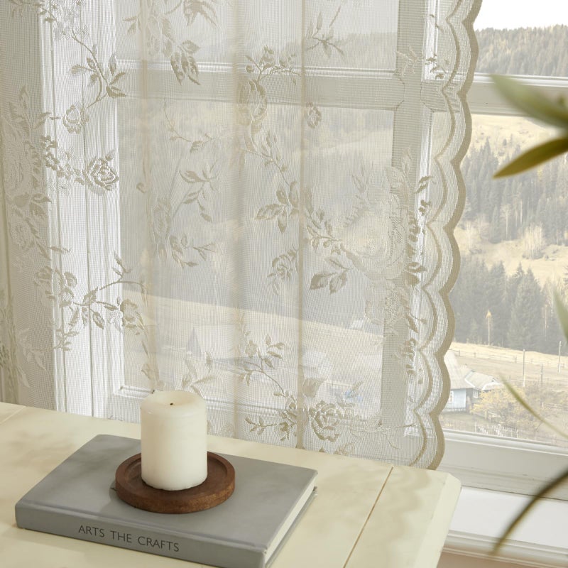 SEEKRIGHT Khaki Lace Curtains 84 Inches Long 2 Panels Vintage Floral Sheer Curtains for Living Room Bedroom Taupe Decor Rod Pocket Light Filtering Tan French Lace Window Curtain Drapes for Dining Room, 52x84 - Image 4