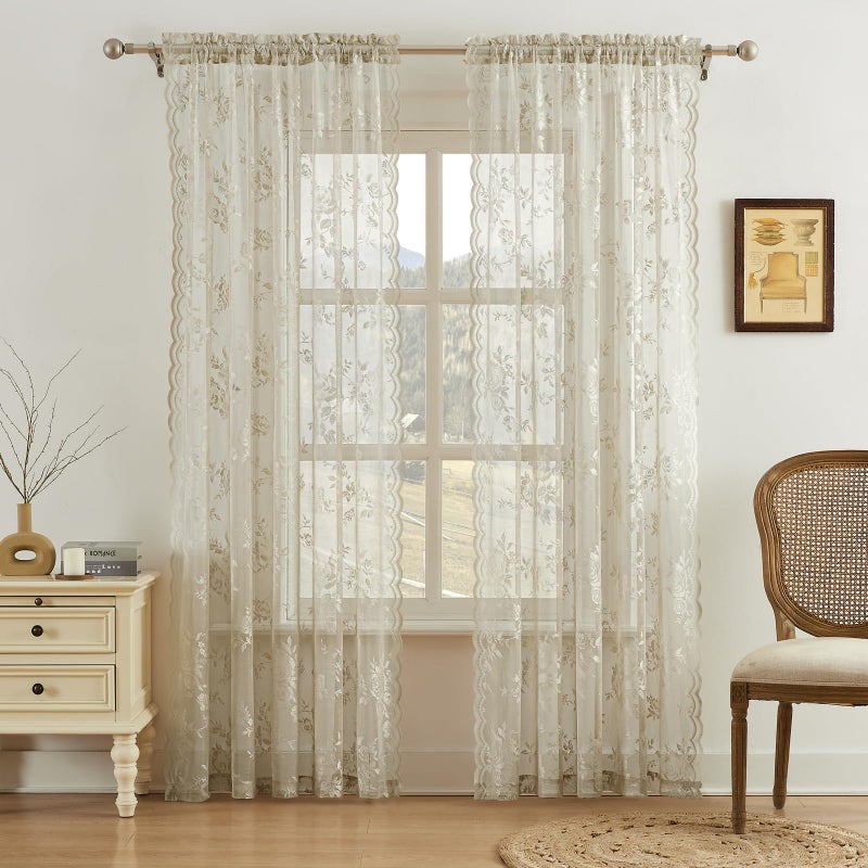 SEEKRIGHT Khaki Lace Curtains 84 Inches Long 2 Panels Vintage Floral Sheer Curtains for Living Room Bedroom Taupe Decor Rod Pocket Light Filtering Tan French Lace Window Curtain Drapes for Dining Room, 52x84 - Image 2