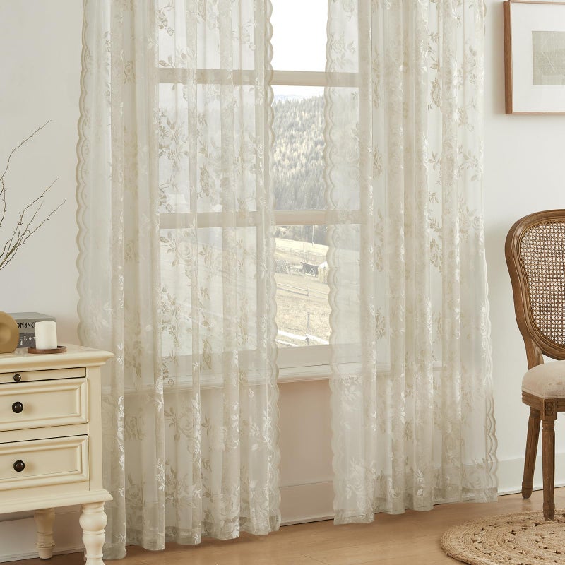 SEEKRIGHT Khaki Lace Curtains 84 Inches Long 2 Panels Vintage Floral Sheer Curtains for Living Room Bedroom Taupe Decor Rod Pocket Light Filtering Tan French Lace Window Curtain Drapes for Dining Room, 52x84 - Image 3