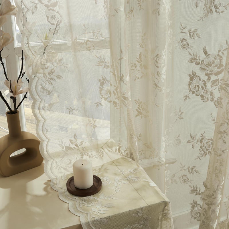 SEEKRIGHT Khaki Lace Curtains 84 Inches Long 2 Panels Vintage Floral Sheer Curtains for Living Room Bedroom Taupe Decor Rod Pocket Light Filtering Tan French Lace Window Curtain Drapes for Dining Room, 52x84 - Image 1