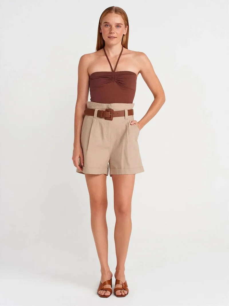 ديلفين Dilvin High-Waist Belted Linen Blend Shorts