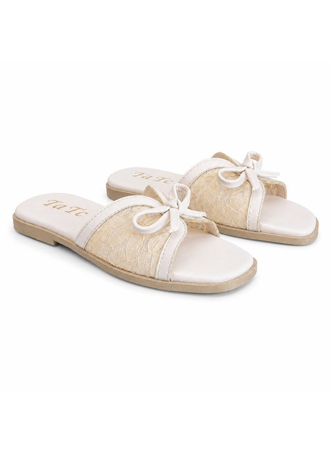 LIFESTYLISH Slipper Flat Leather And  Dentelle With Bow SL-250 -  Beige - Image 2