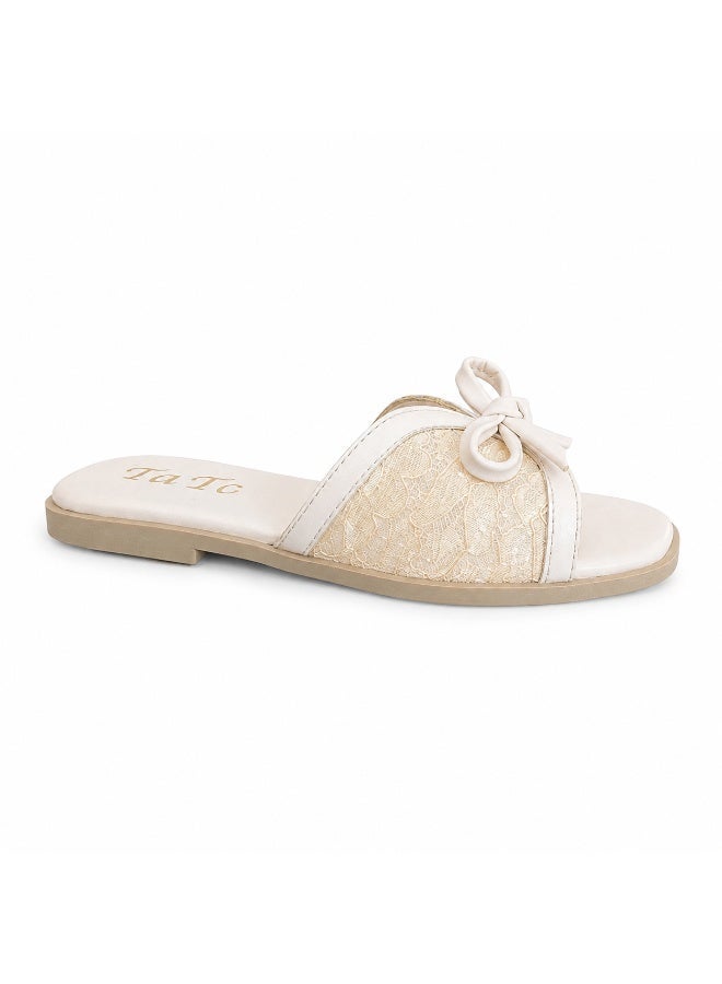 LIFESTYLISH Slipper Flat Leather And  Dentelle With Bow SL-250 -  Beige - Image 4