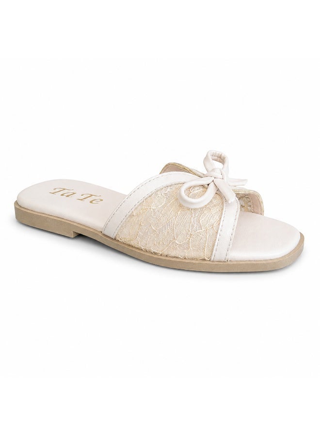 LIFESTYLISH Slipper Flat Leather And  Dentelle With Bow SL-250 -  Beige - Image 3