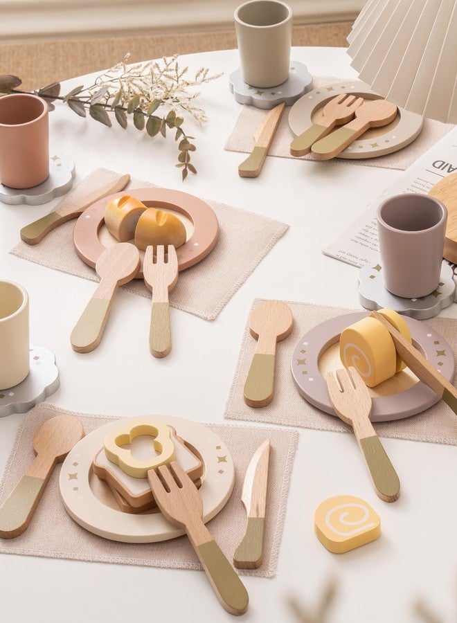 ROBUD طقم أطباق خشبية من روبود 4 قطع - ملحقات طعام للعب مستوحاة من مونتيسوري للأطفال، طقم مطبخ للعب التظاهر للأطفال الصغار، هدية للعب الأدوار للأولاد والبنات - Image 2