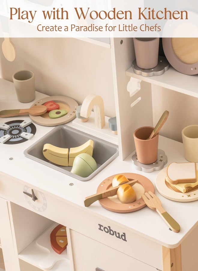 ROBUD طقم أطباق خشبية من روبود 4 قطع - ملحقات طعام للعب مستوحاة من مونتيسوري للأطفال، طقم مطبخ للعب التظاهر للأطفال الصغار، هدية للعب الأدوار للأولاد والبنات - Image 3