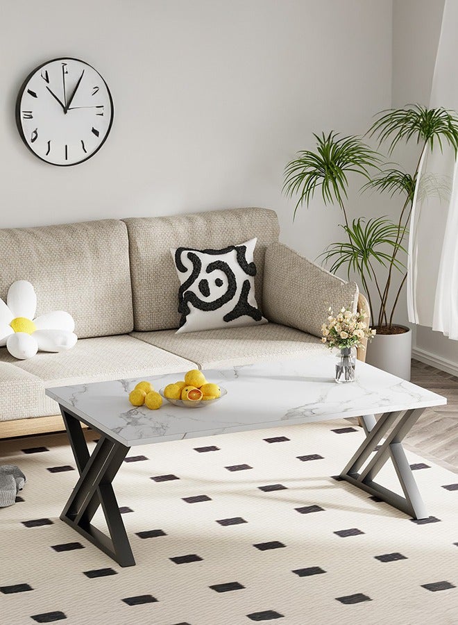 XiuWoo Coffee Table Living Room Table White Center Table, Simple Modern Faux Marble Rectangular Tea Table with Sturdy Black-Finish Metal Frame, for Bedroom Home Office 120*60*46cm - Image 1