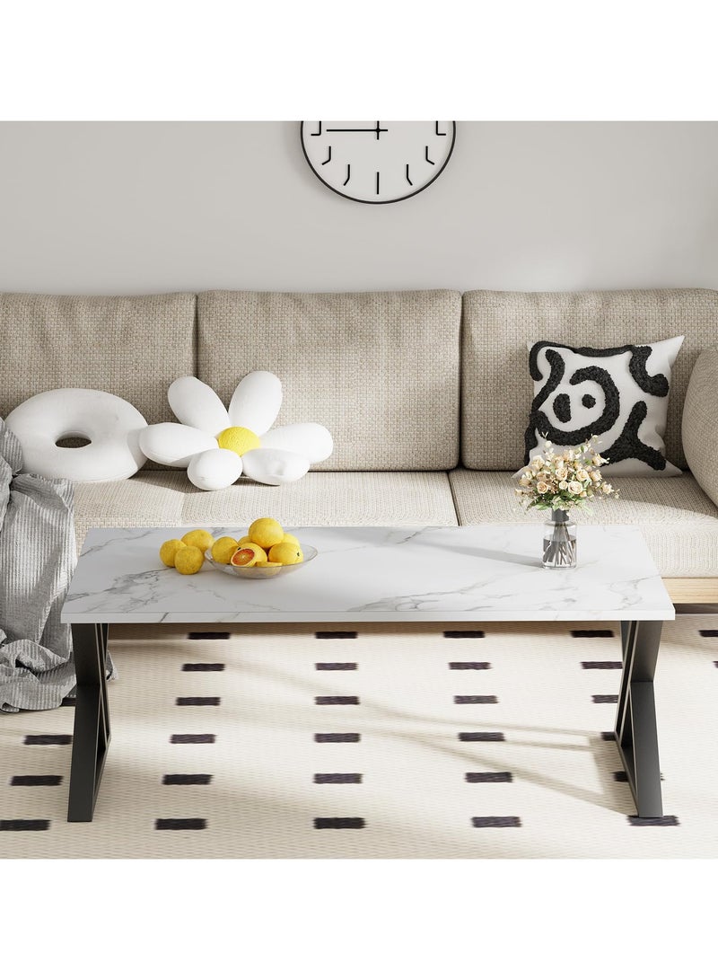 XiuWoo Coffee Table Living Room Table White Center Table, Simple Modern Faux Marble Rectangular Tea Table with Sturdy Black-Finish Metal Frame, for Bedroom Home Office 120*60*46cm - Image 4