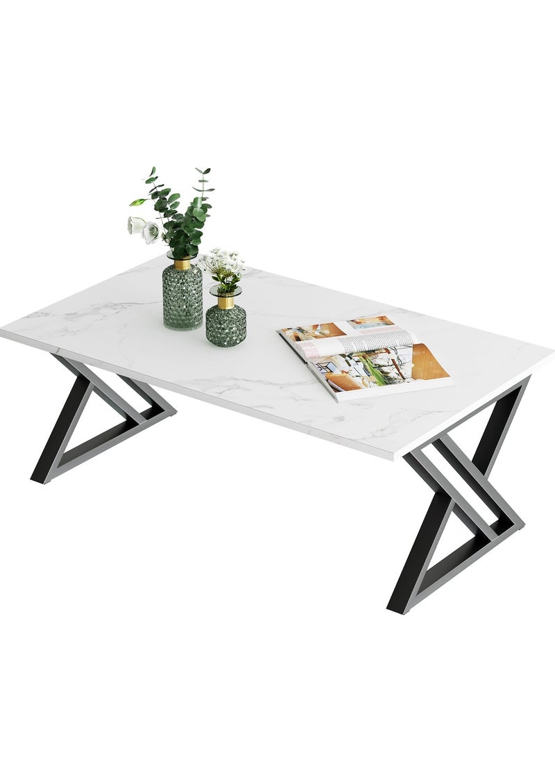 XiuWoo Coffee Table Living Room Table White Center Table, Simple Modern Faux Marble Rectangular Tea Table with Sturdy Black-Finish Metal Frame, for Bedroom Home Office 120*60*46cm - Image 2